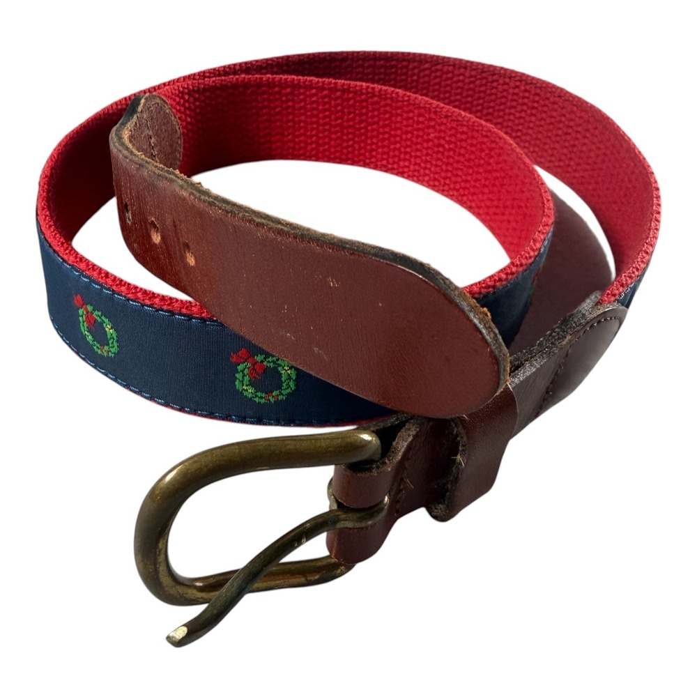 Leather Man Ltd Mens Belt 34 Christmas Wreath Navy Red Ribbon Leather Brass USA